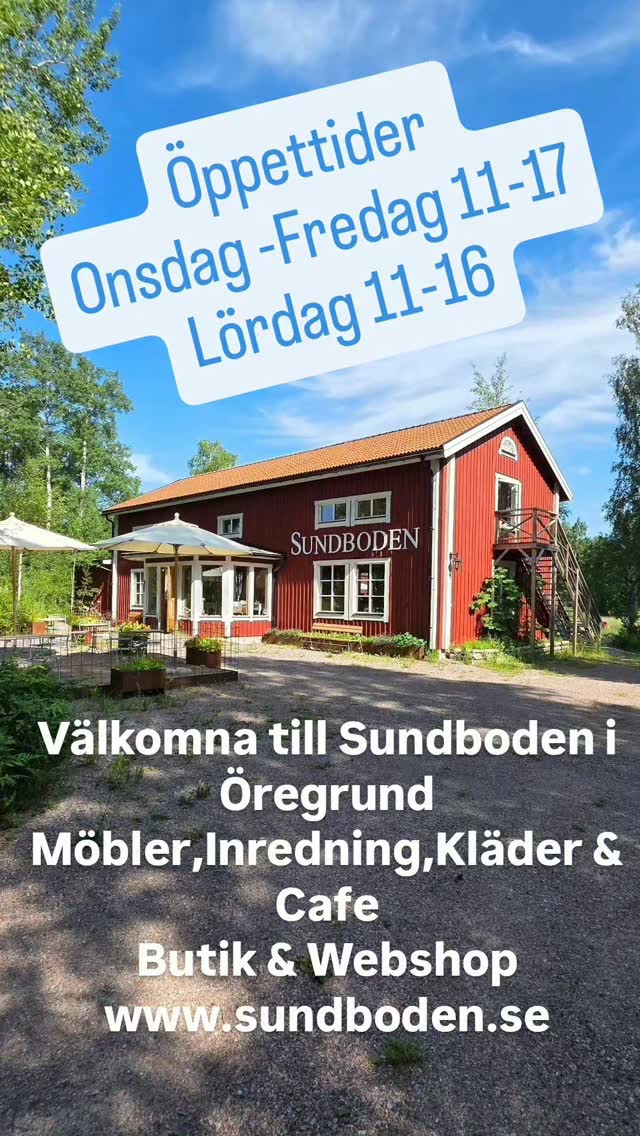 Vi ändrar våra Öppettider! Se bild! 🍀🍀🍀
Välkomna till Sundboden vid Öregrund! 🌼
Nu är vi inne ii Augustimånad & det är många härliga sommardagar kvar att njuta av!🍀🍀🍀
Sundboden Butik & Webshop med Möbler,Inredning,Kläder & Cafe🌼
Titta runt på 500m2 i ett 200år gammalt timmerhus.
SundbodenDesign är så många olika brickor & Textilier
& kuddar & filtar som vi själva Designar och tillverkar i Sverige. Se bilder på några av SundbodenDesign! 🌼🌼🌼
Vi fortsätter att ta fram egna produkter som vi tillverkar i Sverige 🌼🌼🌼
🌼Välkomna att provsitta de fina sköna sofforna & fåtöljerna.
🌼Upptäck all härlig heminredning.
🌼Finn de former & färger ni gillar bland allt Porslin.
🌼Prova ut era favoriter bland kläderna.
🌼Så mycket goda delikatesser.
🌼Sitt ned i cafe för en kaffe eller te & något gott till !
🌼Bara gå runt & njut av timmerhuset & allt fint.
#Sundboden #Öregrund #SundbodenDesign Butikpålandet Unikbutik Livsstilsbutik
BrödernaAnderssons Möbelbutik Wigells Grythyttanstålmöbler Roslagen BrukaDesign Boomerang1976 Lexingtoncompany Heminredning Inredningsbutik Lantligt Utflyktsmål Utflyktstips
#VisitRoslagen #Destinationroslagen UpplevRoslagen Uppland Gävle
Norrtälje