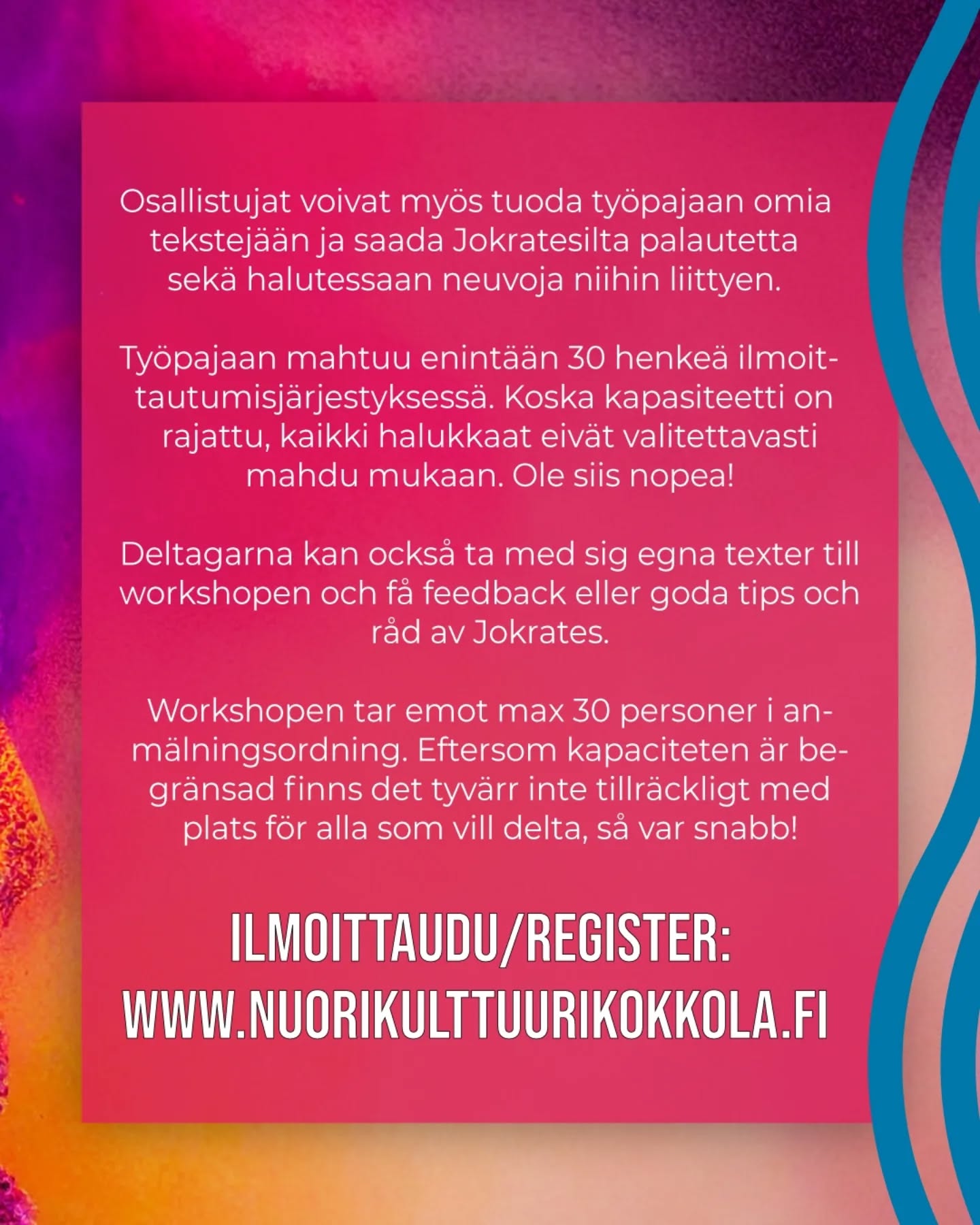 Kokkola/Karleby Nuori Kulttuuri 2025 työpajat | RÄP-TYÖPAJA | WORKSHOP I RAPMUSIK
🇫🇮 Haluatko oppia kirjoittamaan räp-biisejä? Yksi maan parhaimmista kirjoittajista, improvisoidun räpin suomenmestari Jokrates pitää rap-työpajan, jossa hän avaa tapojaan kirjoittaa lyriikoita. Tämä pajan jälkeen sinulla on taskut täynnä uusia työkaluja omien biisien tekemiseksi. Työpajassa Jokrates käy omien kappaleidensa sanoitusten taustoja, työprosessia sekä antaa vinkkejä, kuinka rap-sanoituksista saa mahdollisimman rikkaita. Jokrates vastaa myös kaikkiin kirjoittamiseen liittyviin yleisökysymyksiin.
Osallistujat voivat myös tuoda työpajaan omia tekstejään ja saada Jokratesilta palautetta sekä halutessaan neuvoja niihin liittyen. Työpajaan mahtuu enintään 30 henkeä ilmoittautumisjärjestyksessä. Koska kapasiteetti on rajattu, kaikki halukkaat eivät valitettavasti mahdu mukaan. Ole siis nopea! Ilmoittaudu verkkosivuillamme, linkki löytyy biosta.
🇸🇪 Vill du lära dig att skriva raplåtar? En av landets bästa textförfattare och låtskrivare och finsk mästare i improviserad rap, Jokrates, håller en workshop i rapmusik, där han öppnar upp sitt sätt att skriva låttexter. Efter den här workshopen har du fic korna fulla av nya verktyg som hjälper dig vidare med dina egna låtar. I workshopen går Jokrates igenom bakgrunden till sina låttexter och hela arbetsprocessen och ger tips om hur man gör raptexter så rika och varierade som möjligt. Jokrates svarar också på publikfrågor som rör skrivande.
Deltagarna kan också ta med sig egna texter till workshopen och få feedback eller goda tips och råd av Jokrates. Workshopen tar emot max 30 personer i anmälningsordning. Eftersom kapaciteten är begränsad finns det tyvärr inte tillräckligt med plats för alla som vill delta, så var snabb! Anmäl dig till workshopen på vår webbsidan, länken finns i bio.
@jokratess #nuorikulttuurikokkola #ungkulturkarleby #nuorikulttuuri #ungkultur