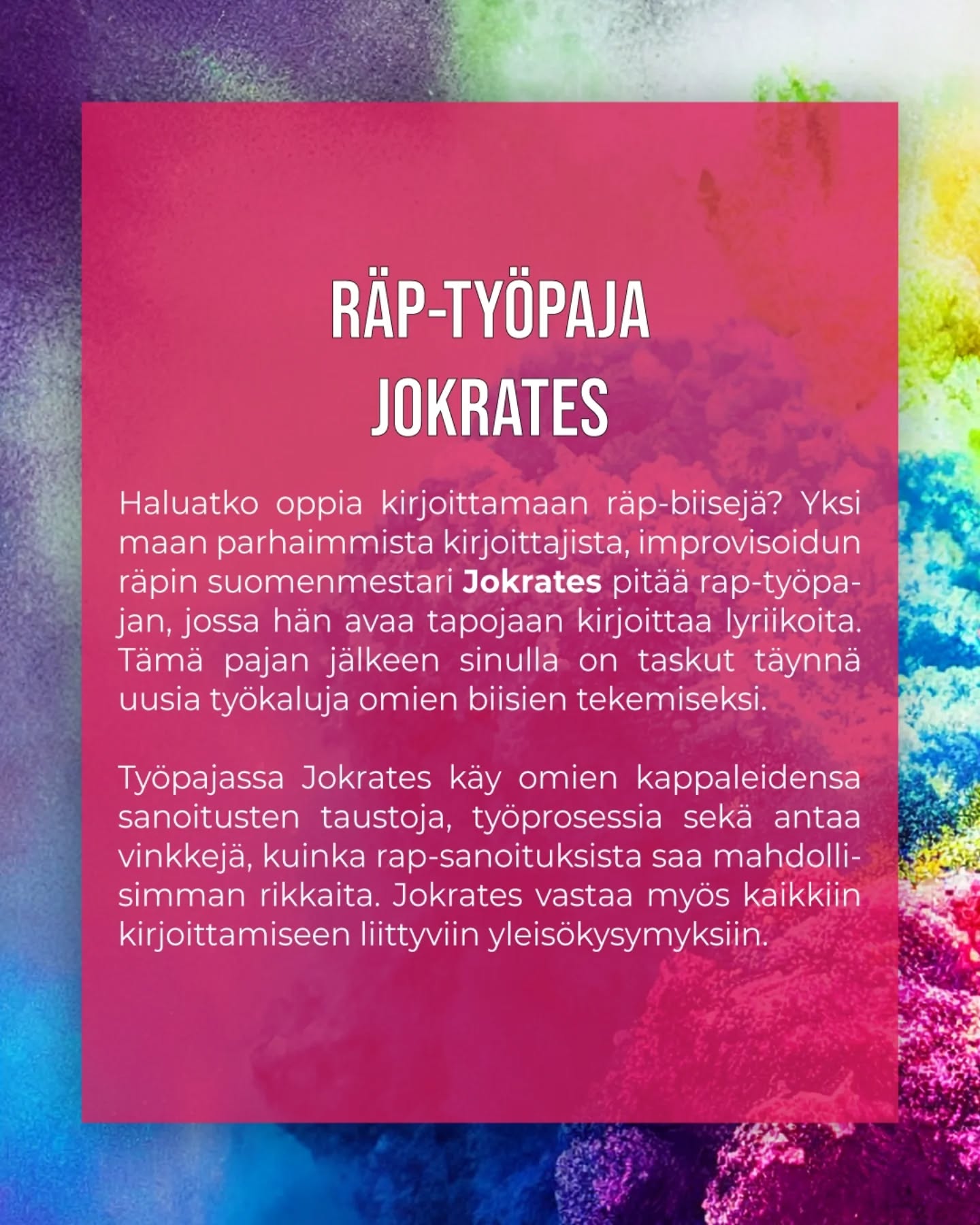 Kokkola/Karleby Nuori Kulttuuri 2025 työpajat | RÄP-TYÖPAJA | WORKSHOP I RAPMUSIK
🇫🇮 Haluatko oppia kirjoittamaan räp-biisejä? Yksi maan parhaimmista kirjoittajista, improvisoidun räpin suomenmestari Jokrates pitää rap-työpajan, jossa hän avaa tapojaan kirjoittaa lyriikoita. Tämä pajan jälkeen sinulla on taskut täynnä uusia työkaluja omien biisien tekemiseksi. Työpajassa Jokrates käy omien kappaleidensa sanoitusten taustoja, työprosessia sekä antaa vinkkejä, kuinka rap-sanoituksista saa mahdollisimman rikkaita. Jokrates vastaa myös kaikkiin kirjoittamiseen liittyviin yleisökysymyksiin.
Osallistujat voivat myös tuoda työpajaan omia tekstejään ja saada Jokratesilta palautetta sekä halutessaan neuvoja niihin liittyen. Työpajaan mahtuu enintään 30 henkeä ilmoittautumisjärjestyksessä. Koska kapasiteetti on rajattu, kaikki halukkaat eivät valitettavasti mahdu mukaan. Ole siis nopea! Ilmoittaudu verkkosivuillamme, linkki löytyy biosta.
🇸🇪 Vill du lära dig att skriva raplåtar? En av landets bästa textförfattare och låtskrivare och finsk mästare i improviserad rap, Jokrates, håller en workshop i rapmusik, där han öppnar upp sitt sätt att skriva låttexter. Efter den här workshopen har du fic korna fulla av nya verktyg som hjälper dig vidare med dina egna låtar. I workshopen går Jokrates igenom bakgrunden till sina låttexter och hela arbetsprocessen och ger tips om hur man gör raptexter så rika och varierade som möjligt. Jokrates svarar också på publikfrågor som rör skrivande.
Deltagarna kan också ta med sig egna texter till workshopen och få feedback eller goda tips och råd av Jokrates. Workshopen tar emot max 30 personer i anmälningsordning. Eftersom kapaciteten är begränsad finns det tyvärr inte tillräckligt med plats för alla som vill delta, så var snabb! Anmäl dig till workshopen på vår webbsidan, länken finns i bio.
@jokratess #nuorikulttuurikokkola #ungkulturkarleby #nuorikulttuuri #ungkultur