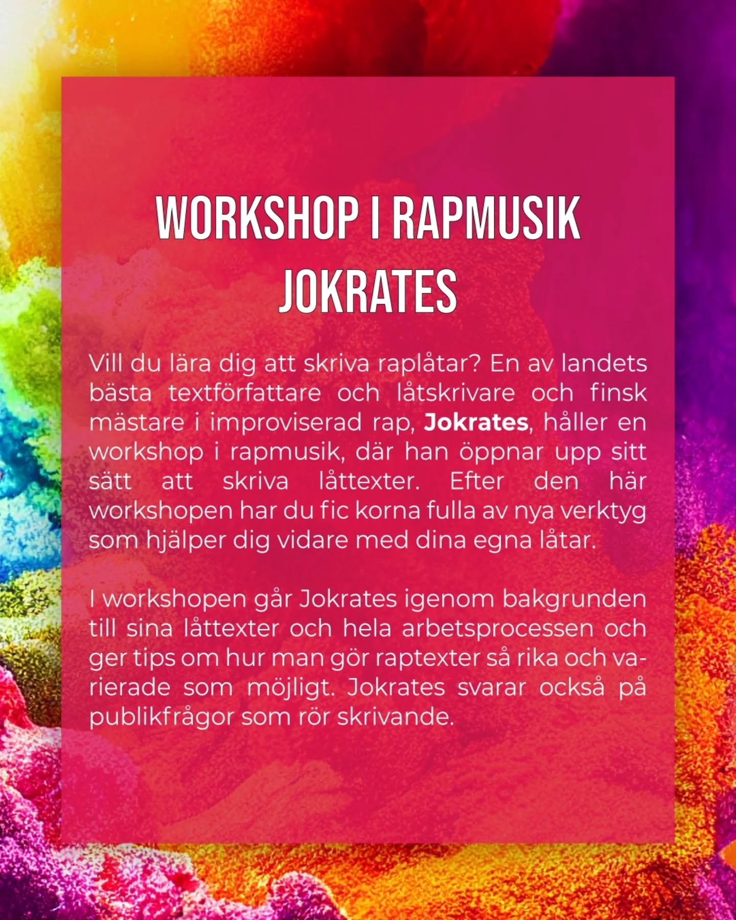 Kokkola/Karleby Nuori Kulttuuri 2025 työpajat | RÄP-TYÖPAJA | WORKSHOP I RAPMUSIK
🇫🇮 Haluatko oppia kirjoittamaan räp-biisejä? Yksi maan parhaimmista kirjoittajista, improvisoidun räpin suomenmestari Jokrates pitää rap-työpajan, jossa hän avaa tapojaan kirjoittaa lyriikoita. Tämä pajan jälkeen sinulla on taskut täynnä uusia työkaluja omien biisien tekemiseksi. Työpajassa Jokrates käy omien kappaleidensa sanoitusten taustoja, työprosessia sekä antaa vinkkejä, kuinka rap-sanoituksista saa mahdollisimman rikkaita. Jokrates vastaa myös kaikkiin kirjoittamiseen liittyviin yleisökysymyksiin.
Osallistujat voivat myös tuoda työpajaan omia tekstejään ja saada Jokratesilta palautetta sekä halutessaan neuvoja niihin liittyen. Työpajaan mahtuu enintään 30 henkeä ilmoittautumisjärjestyksessä. Koska kapasiteetti on rajattu, kaikki halukkaat eivät valitettavasti mahdu mukaan. Ole siis nopea! Ilmoittaudu verkkosivuillamme, linkki löytyy biosta.
🇸🇪 Vill du lära dig att skriva raplåtar? En av landets bästa textförfattare och låtskrivare och finsk mästare i improviserad rap, Jokrates, håller en workshop i rapmusik, där han öppnar upp sitt sätt att skriva låttexter. Efter den här workshopen har du fic korna fulla av nya verktyg som hjälper dig vidare med dina egna låtar. I workshopen går Jokrates igenom bakgrunden till sina låttexter och hela arbetsprocessen och ger tips om hur man gör raptexter så rika och varierade som möjligt. Jokrates svarar också på publikfrågor som rör skrivande.
Deltagarna kan också ta med sig egna texter till workshopen och få feedback eller goda tips och råd av Jokrates. Workshopen tar emot max 30 personer i anmälningsordning. Eftersom kapaciteten är begränsad finns det tyvärr inte tillräckligt med plats för alla som vill delta, så var snabb! Anmäl dig till workshopen på vår webbsidan, länken finns i bio.
@jokratess #nuorikulttuurikokkola #ungkulturkarleby #nuorikulttuuri #ungkultur
