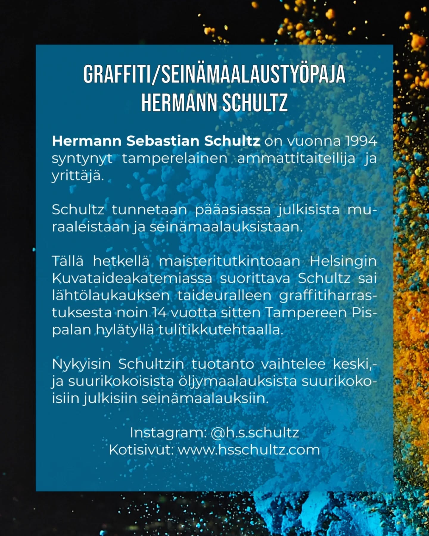 Kokkola/Karleby Nuori Kulttuuri 2025 työpajat | GRAFFITI/SEINÄMAALAUSTYÖPAJA | WORKSHOP I GRAFFITI OCH VÄGGMÅLNING
🇫🇮 Hermann Sebastian Schultz on vuonna 1994 syntynyt Tamperelainen ammattitaiteilija ja yrittäjä.
Schultz tunnetaan pääasiassa julkisista muraaleistaan ja seinämaalauksistaan.
Tällä hetkellä maisteritutkintoaan Helsingin Kuvataideakatemiassa suorittava Schultz sai lähtölaukauksen taideuralleen graffitiharrastuksesta noin 14 vuotta sitten Tampereen Pispalan hylätyllä tulitikkutehtaalla.
Nykyisin Schultzin tuotanto vaihtelee keski,- ja suurikokoisista öljymaalauksista suurikokoisiin julkisiin seinämaalauksiin.
👉✨ Ilmoittaudu työpajaan verkkosivuillamme www.nuorikulttuurikokkola.fi/ilmoittaudu, linkki löytyy myös biosta!
🇸🇪 Hermann Sebastian Schultz är en professionell konstnär och entreprenör från Tammerfors, född 1994.
Schultz är främst känd för sina offentliga muralmålningar och väggmålningar.
Schultz, som för tillfälle studerar för en masterexamen vid Konsthögskolan i Helsingfors, fick sin start i konstvärlden genom graffitikonst för cirka 14 år sedan i en övergiven tändsticksfabrik i Pispala i Tammerfors.
Idag varierar Schultz produktion från medelstora och stora oljemålningar till stora offentliga väggmålningar.
👉✨ Anmäl dig till workshopen via https://www.nuorikulttuurikokkola.fi/sv/5151-2/ – länken finns i bio!
Instagram: @h.s.schultz
Kotisivut/hemsida: www.hsschultz.com
#nuorikulttuurikokkola #ungkulturkarleby #nuorikulttuuri #ungkultur