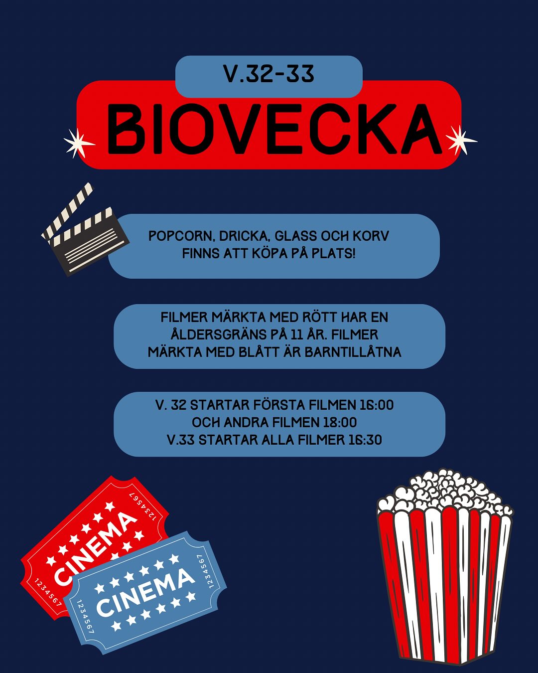ÄNTLIGEN är det dags för bio igen!🍿🎬
Efter mycket strul med skärmen har vi nu fått till en biovecka! Passa på att avsluta sommaren på bästa sätt när vi sänder filmer varje dag från och med lördag v.32 till söndag v.33!🤩
Under vecka 32 startar första filmen 16:00 och andra filmen 18:00! Vecka 33 börjar alla filmer 16:30!🎦
🔵Blåa filmer: Barntillåtna
🔴Röda filmer: Åldersgräns på 11 år
På plats kommer det gå att köpa popcorn, korv och glass bland annat!🍨
Hoppas ni är lika taggade som vi är på Hästhagens första biovecka!🥳