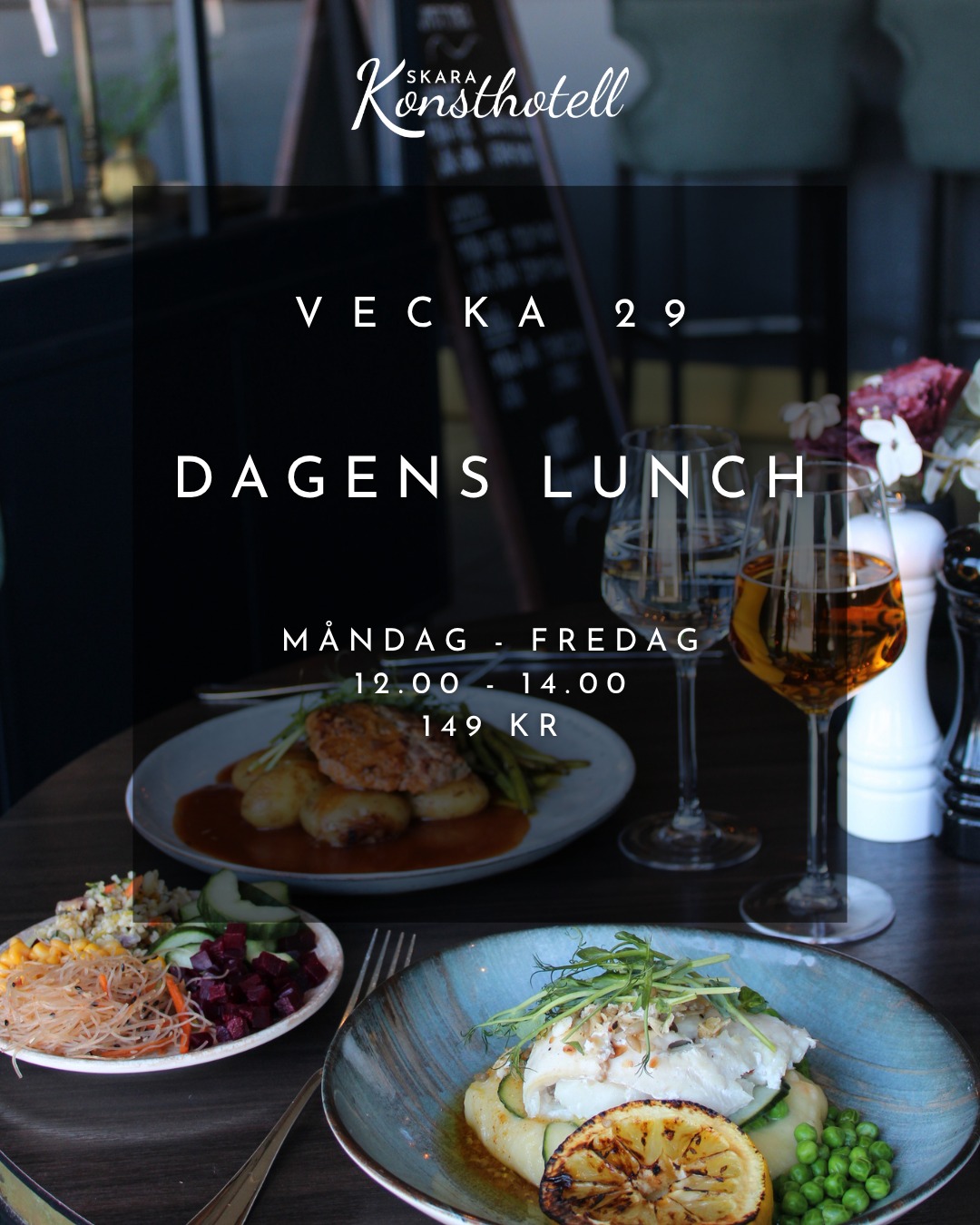 Välkomna in och avnjut veckans goda lunch hos oss i sommarvärmen! 🥰
Måndag
Stekt lunchkorv serveras med potatispuré, bakad lök, gurkrelish, ketchup & senap
Tisdag
Wokad biff serveras med äggnudlar & grönsaker
Onsdag
Ostfylld pannbiff serveras med gräddsås, kokt potatis & örter
Torsdag
Grön currykyckling med kokos & lime serveras med ris
Fredag
Het kotlettrad med chili & lime serveras med klyftpotatis & vitlökskräm
Veckans fisk
Citronbakad fiskfilé serveras med stekta grönsaker, kokt potatis & gräslökskräm
Veckans vegetariska
Blomkål & kikärtsgryta serveras med bulgur & örtyoghurt
Bokning sker på tel. 0511 31 00 00 eller till info.konst@julahotell.se