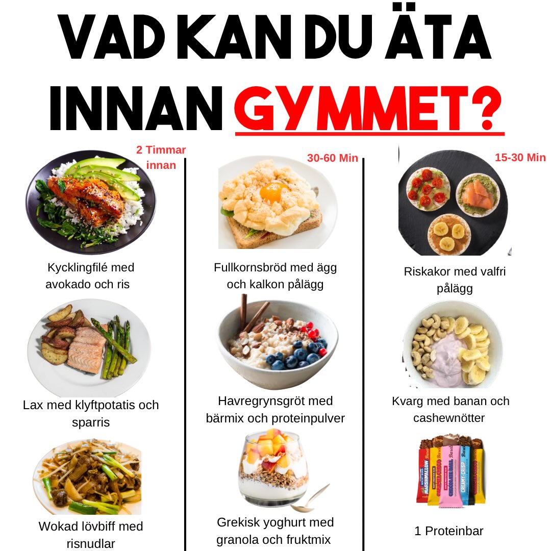Vad du äter före och efter gymmet kan göra större skillnad än du tror. 💪
Du behöver inte göra det komplicerat.
Det viktigaste är att ge kroppen rätt bränsle före passet och rätt återhämtning efteråt.
I bilderna hittar du flera enkla alternativ beroende på hur lång tid det är kvar till träningen … och vad du kan äta för att återhämta dig på bästa sätt efteråt.✅